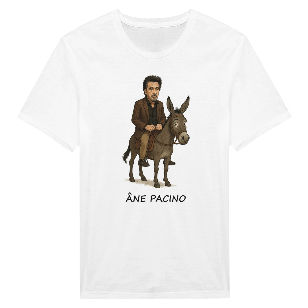 T-shirt femme « Âne Pacino » : un personnage au style sérieux, installé sur le dos d'un âne à l'expression étonnée.