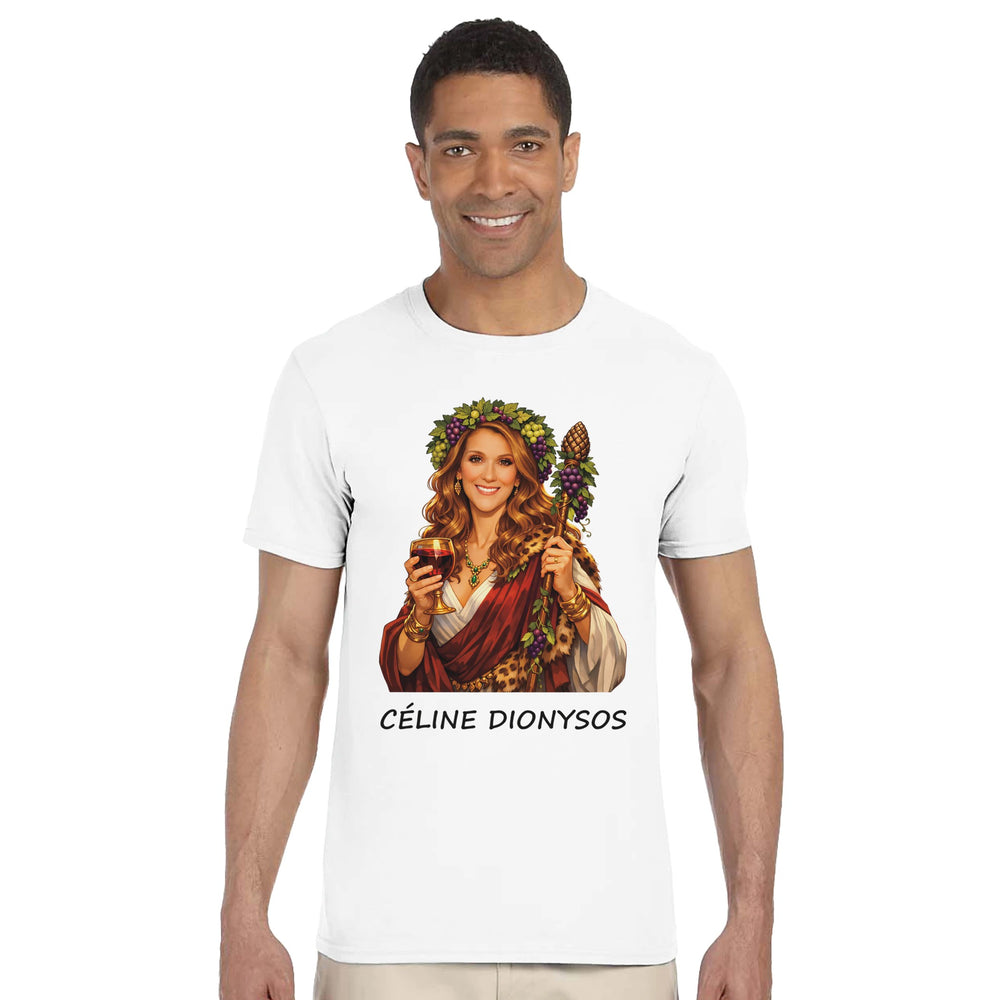 T-shirt femme « Céline Dionysos », coloris blanc : motif humoristique autour du jeu de mots.