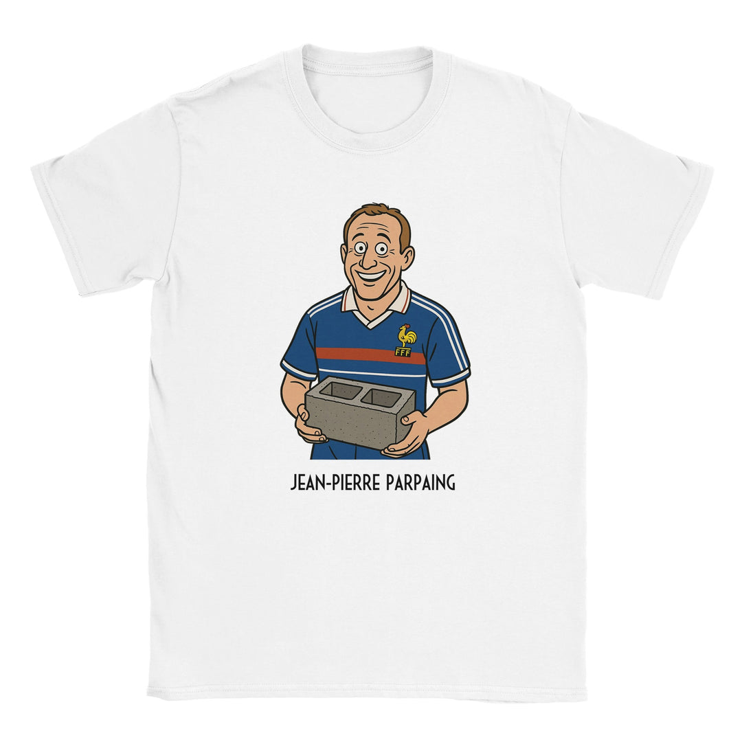 T-shirt femme « Jean-Pierre Parpaing » : un personnage en maillot de l'équipe de France, tenant fièrement un parpaing dans ses mains.