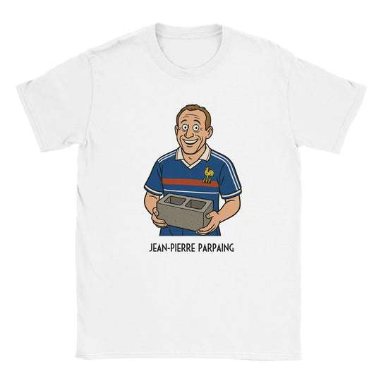 T-shirt femme « Jean-Pierre Parpaing » : un personnage en maillot de l'équipe de France, tenant fièrement un parpaing dans ses mains.