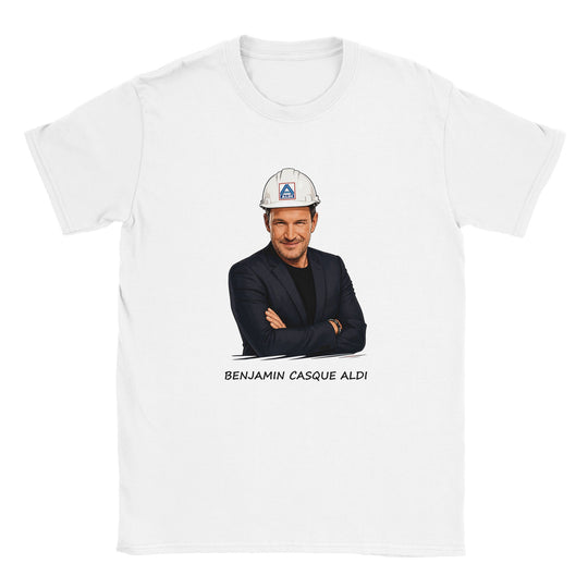 T-shirt femme « Benjamin Casque Aldi » : un jeu de mots entre télévision et bricolage.