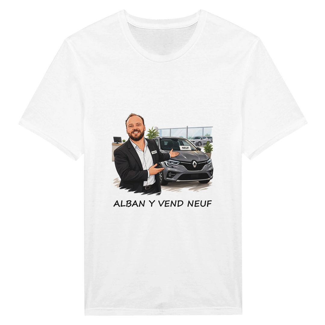 T-shirt femme « Alban y vend neuf » : un jeu de mots plein d'humour.