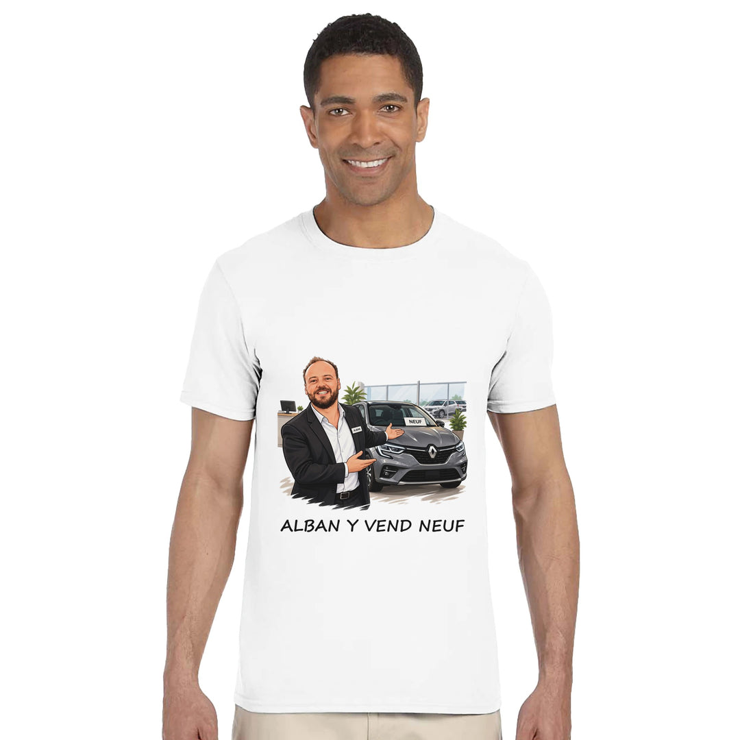 T-shirt femme « Alban y vend neuf » : un jeu de mots plein d'humour.