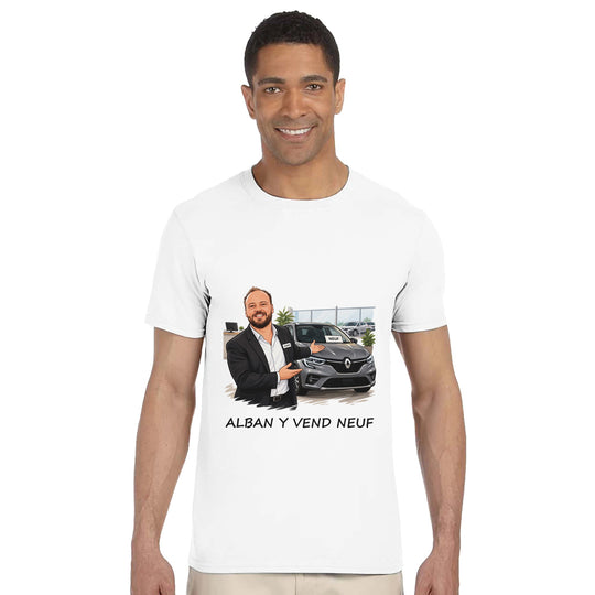 T-shirt femme « Alban y vend neuf » : un jeu de mots plein d'humour.