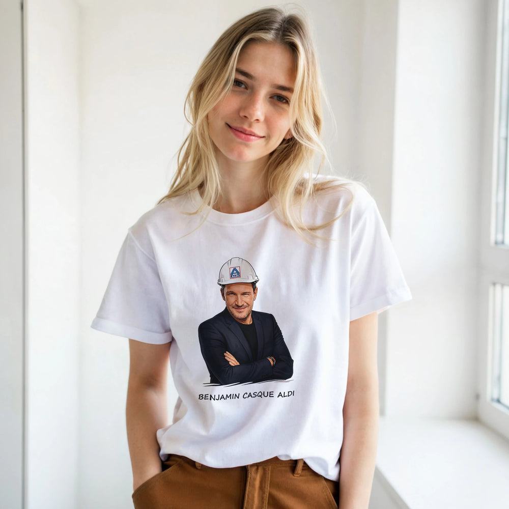 T-shirt femme « Benjamin Casque Aldi » : un jeu de mots entre télévision et bricolage.