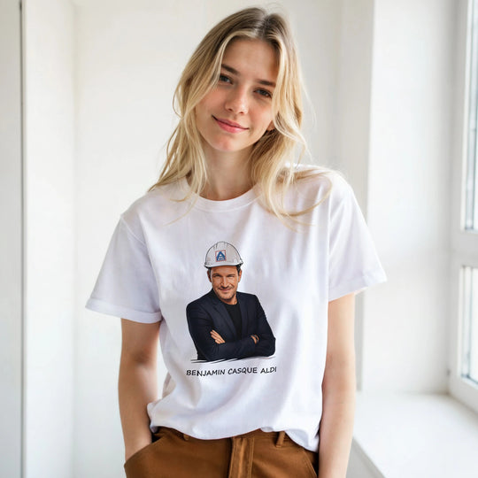 T-shirt femme « Benjamin Casque Aldi » : un jeu de mots entre télévision et bricolage.