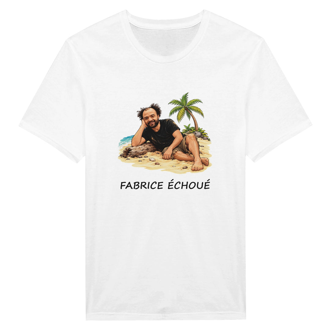 T-shirt homme « Fabrice Echoué », coloris blanc : motif humoristique autour du jeu de mots.