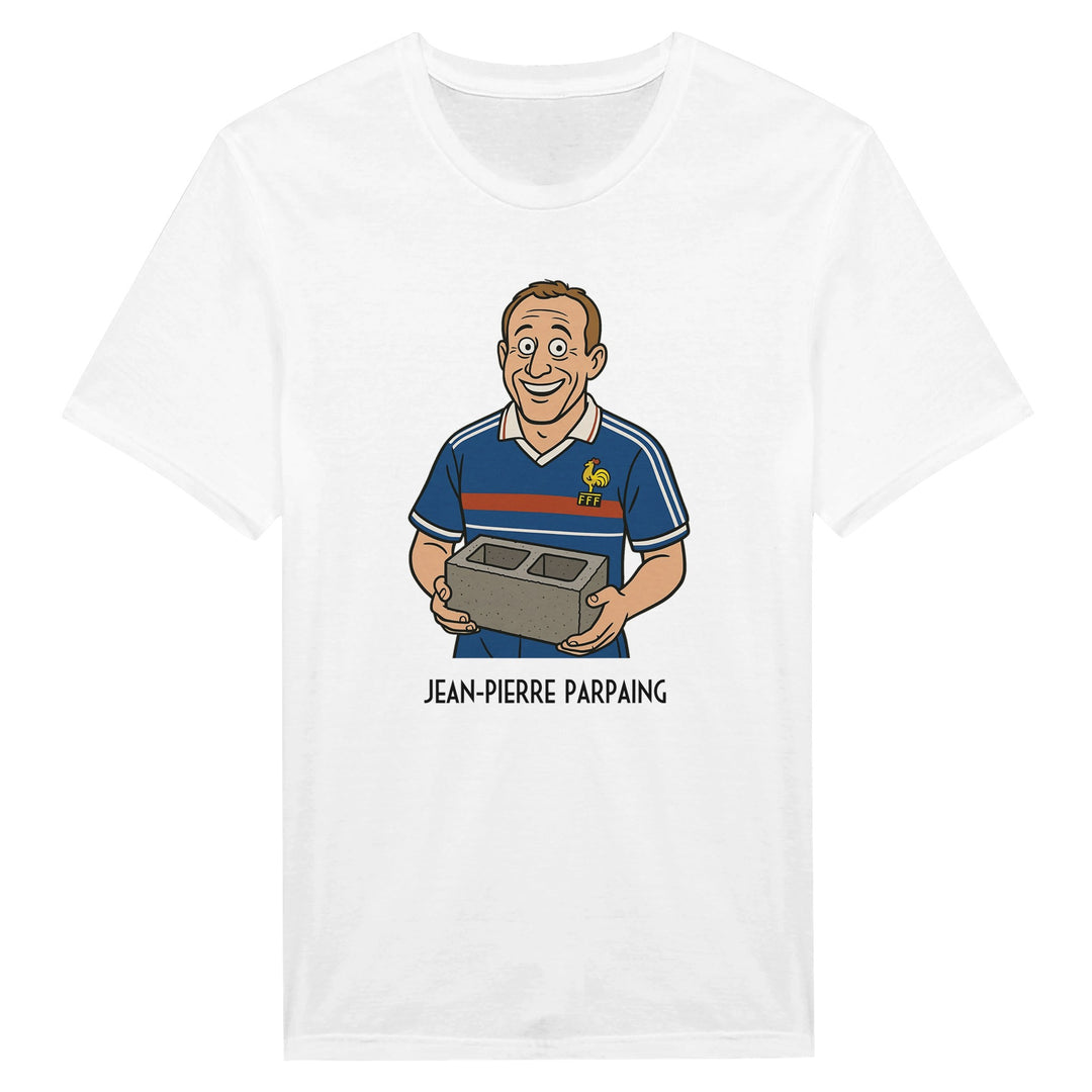 T-shirt femme « Jean-Pierre Parpaing » : un personnage en maillot de l'équipe de France, tenant fièrement un parpaing dans ses mains.