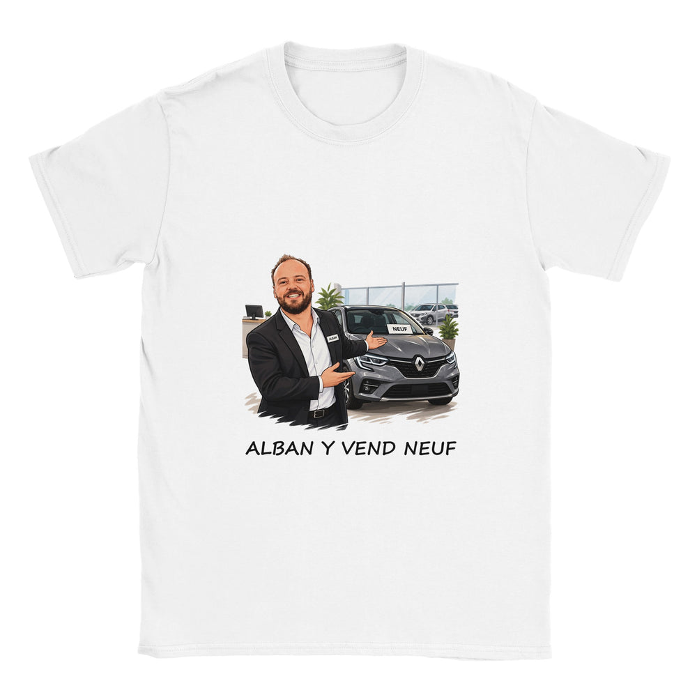 T-shirt femme « Alban y vend neuf » : un jeu de mots plein d'humour.