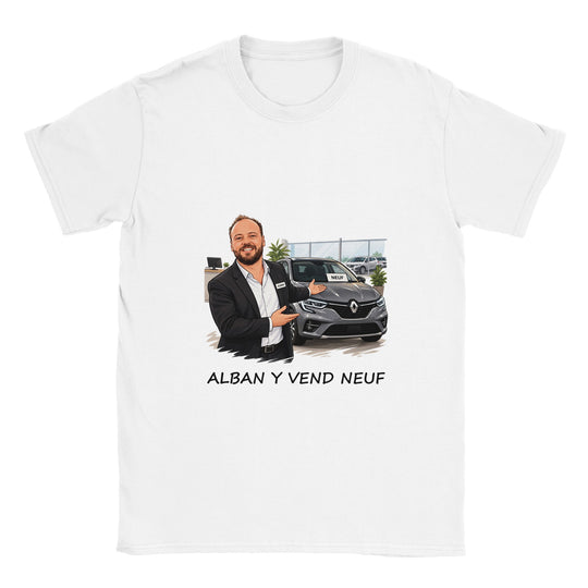 T-shirt femme « Alban y vend neuf » : un jeu de mots plein d'humour.