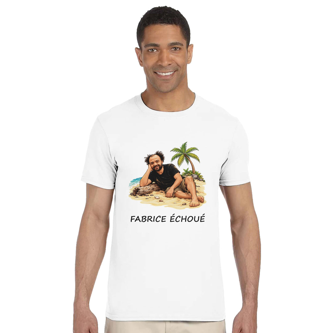 T-shirt homme « Fabrice Echoué », coloris blanc : motif humoristique autour du jeu de mots.