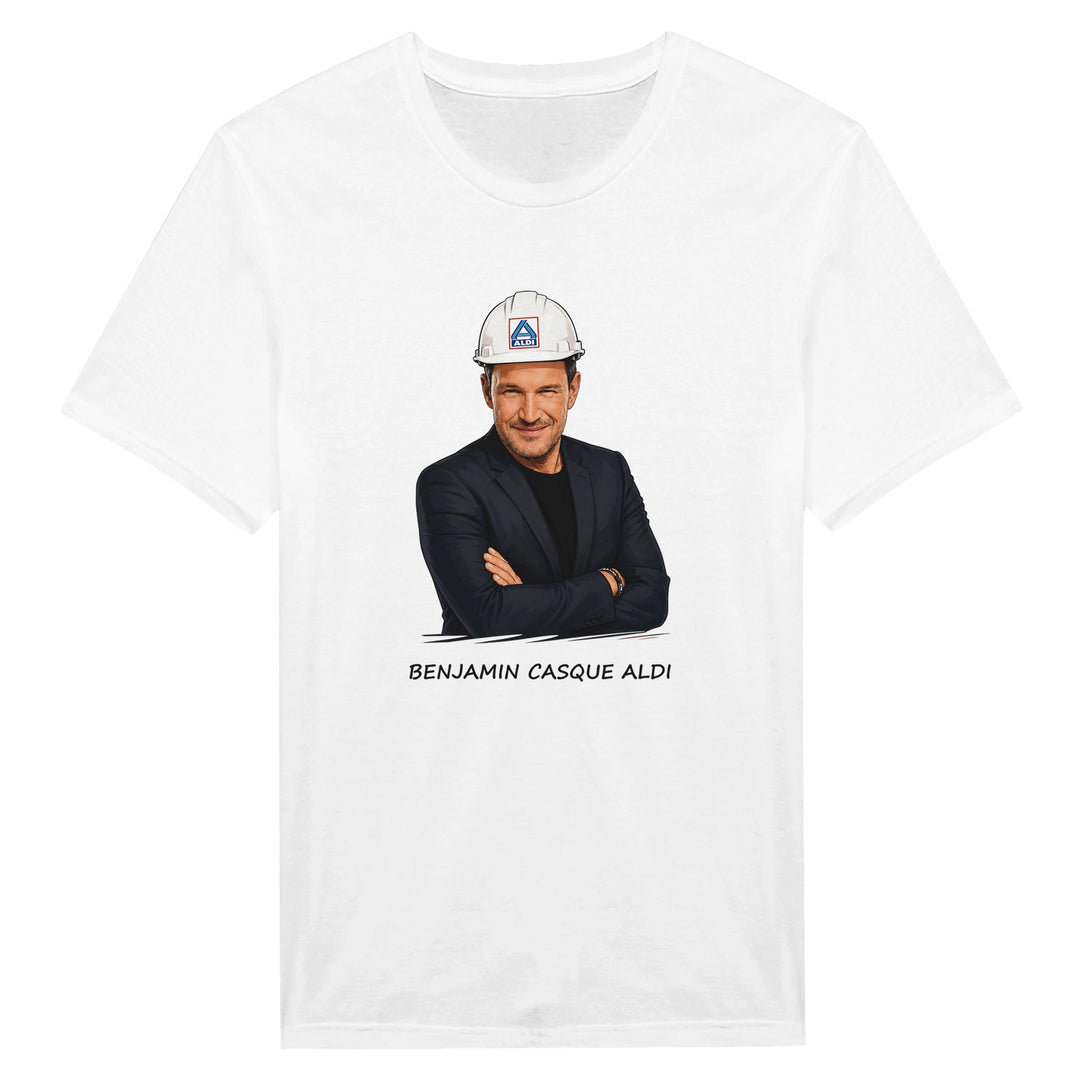 T-shirt femme « Benjamin Casque Aldi » : un jeu de mots entre télévision et bricolage.