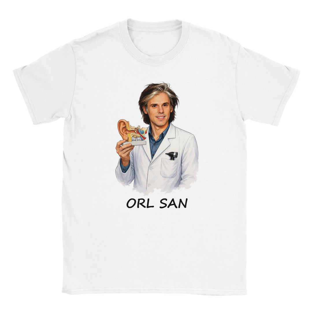 T-shirt femme « ORL San » : un médecin tenant une maquette anatomique de l'oreille, un clin d'œil amusant qui donne tout son sens au jeu de mots.